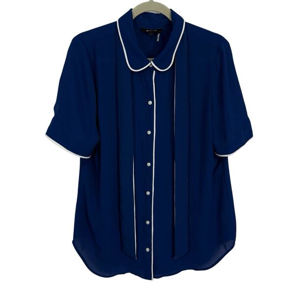 DKNY Chiffon Tie Neck Short Sleeve Button Up Blouse size Large Blue white Trim - Picture 8 of 9